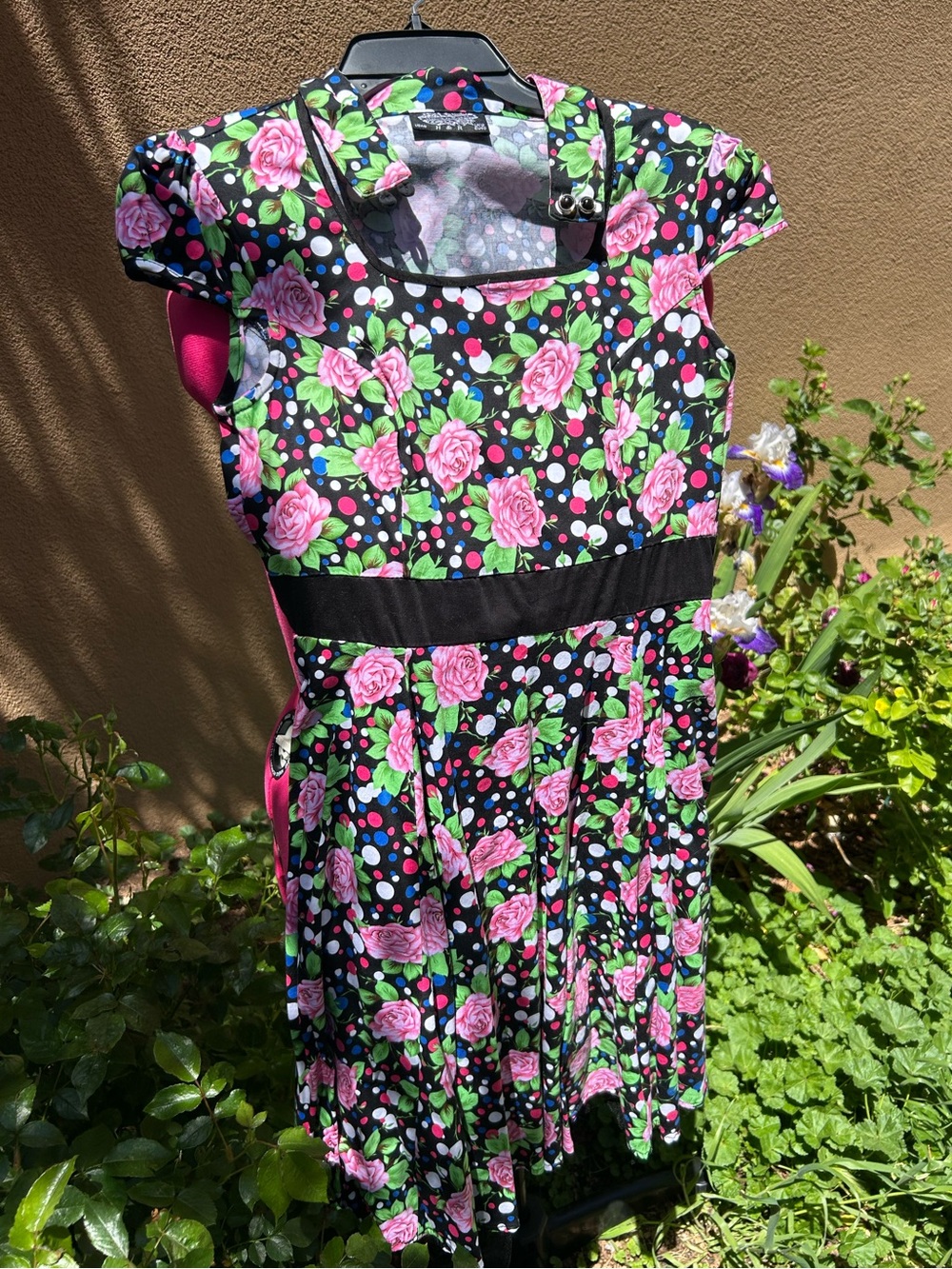 Hearts & Roses Black Floral Polka Dot Dress with Pink Roses